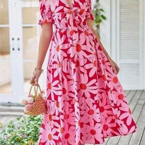 BTFBM Women's Floral Pink Orange Dress - Tie Front Deep V Neck Cutout XL